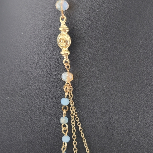 Layered Gold Tone Necklace w/ Rose Quartz & Crystal Beads 28” - Picture 6 of 9